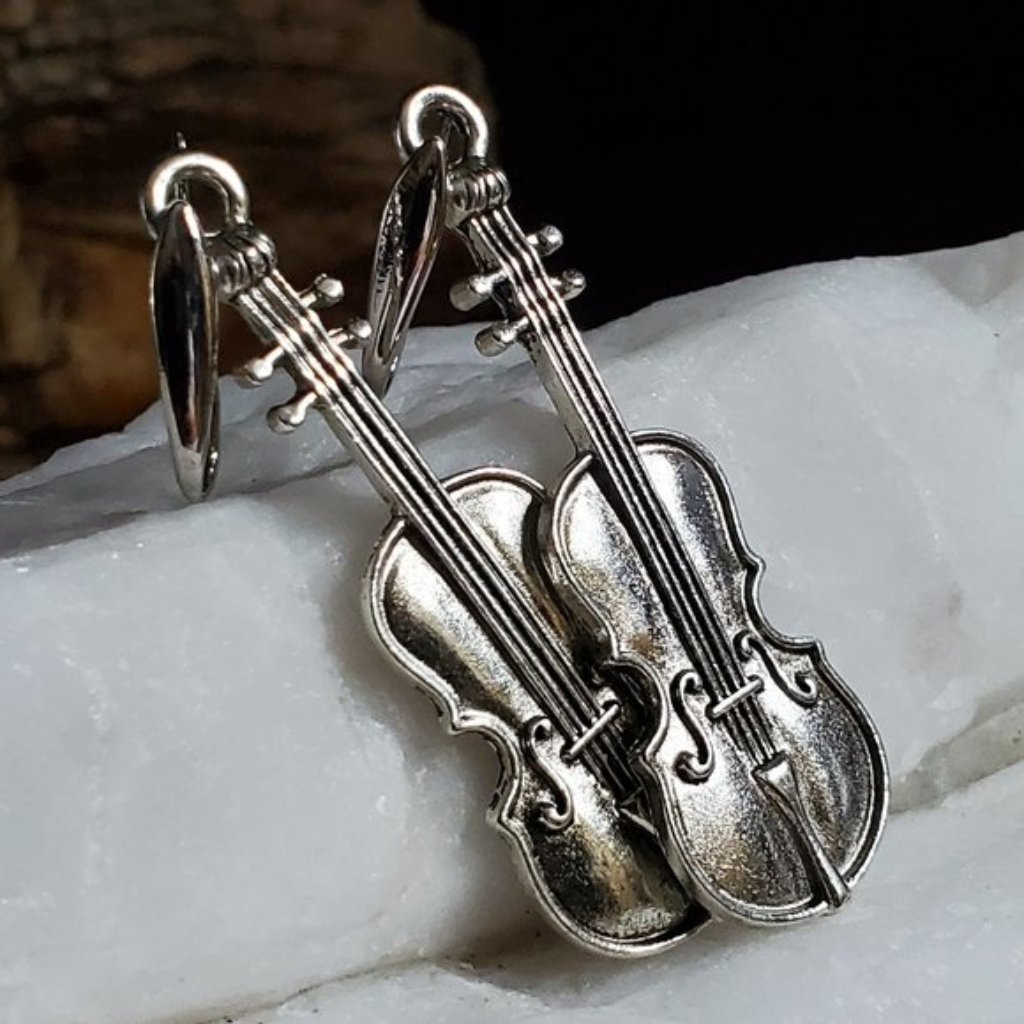 Boho Jewelry Silver Gypsy Violin Large Long Lightweight Earrings 38$